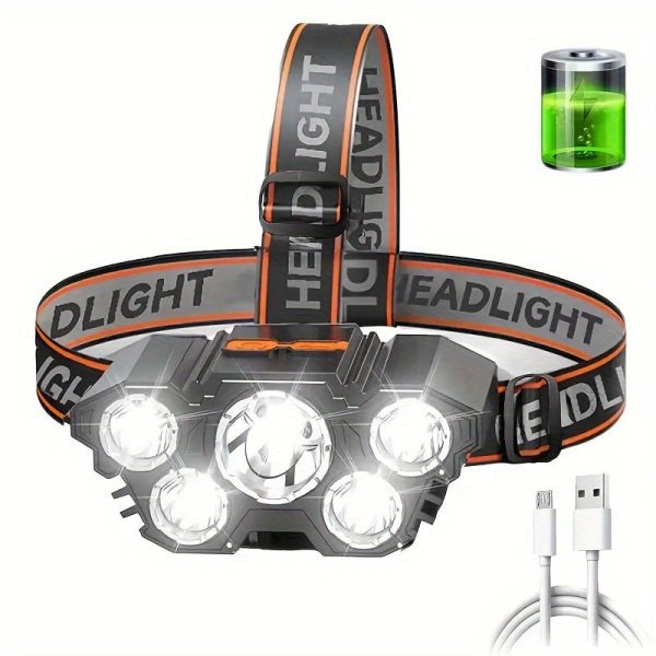 Rechargeable LED Headlamp - 5 Bright Lights, Portable for Camping, Fishing and Emergency Outdoor Work Lighting