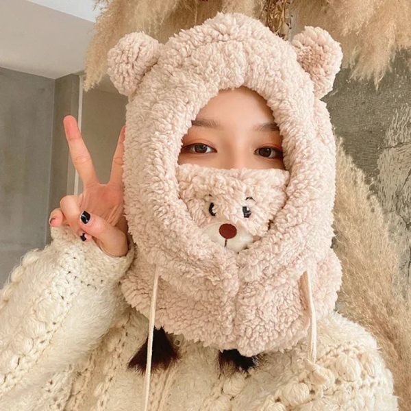Cartoon Bear Ear Lamb Beanie Hat with Mask - Warm Balaclava Winter Skullies for Women & Girls - Image 2