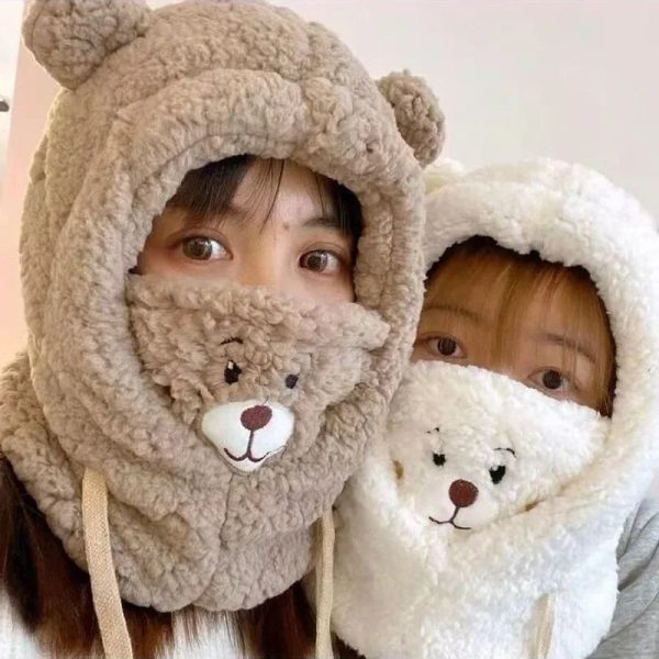 Cartoon Bear Ear Lamb Beanie Hat with Mask - Warm Balaclava Winter Skullies for Women & Girls - Image 4